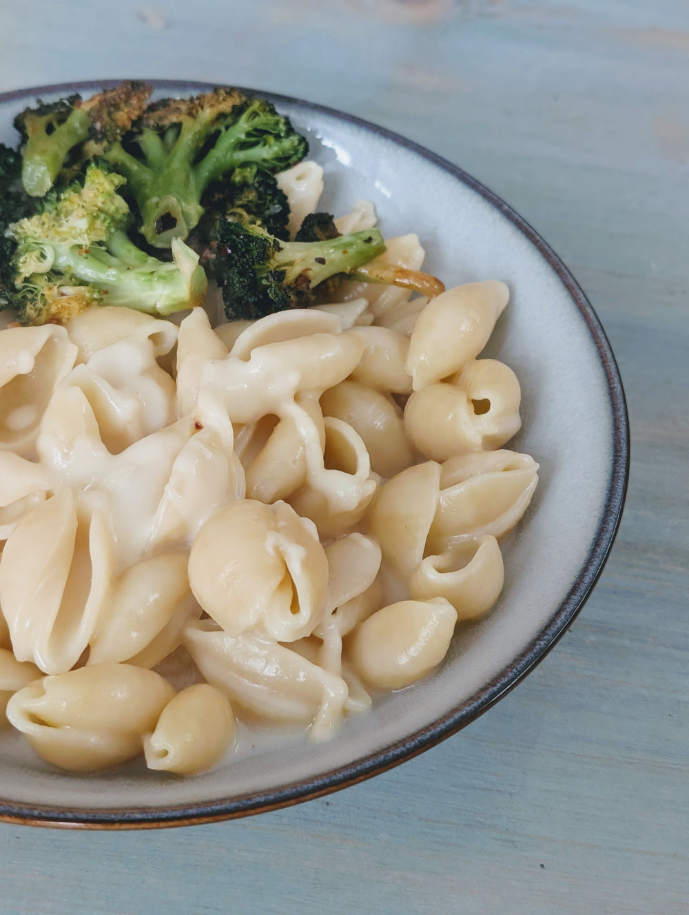 Creamy pasta with shell shapes and roasted broccoli in a bowl.