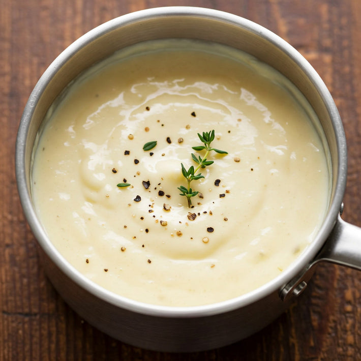 Top-down view of three-cheese sauce in a small saucepan showcasing creamy texture and thyme garnish on a wooden surface