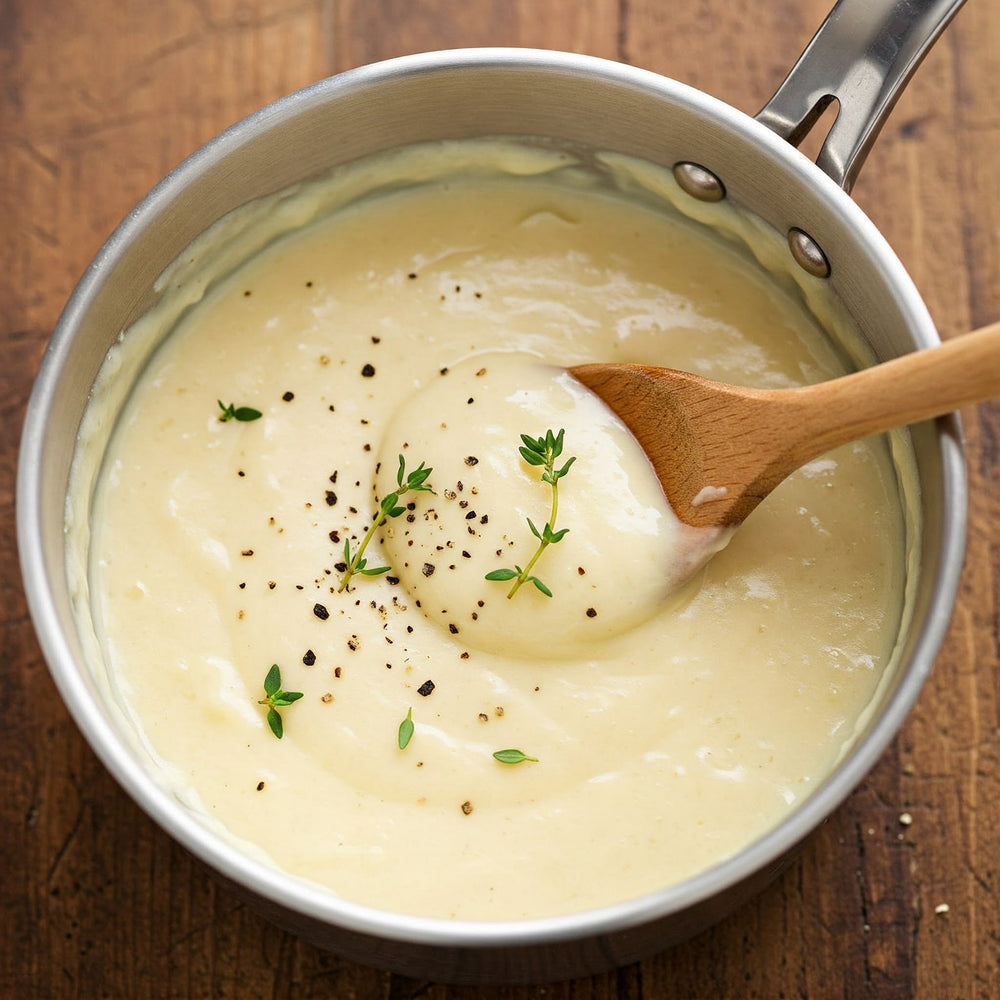 Creamy artisan 3-cheese sauce in a saucepan with herbs and spices