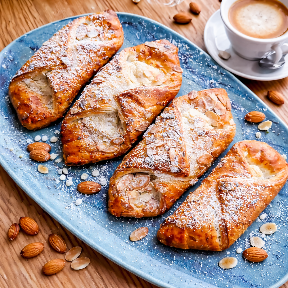 Four almond-topped pastries dusted with powdered sugar on a blue platter, scattered almonds beside them, and a cup of espresso.