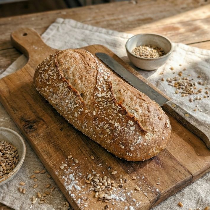 Whole multigrain loaf on wooden cutting board with serrated knife, small bowls and scattered wheat kernels