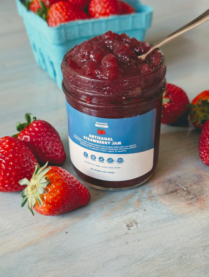 WILDGRAIN PANTRY ARTISANAL STRAWBERRY JAM — Strawberries, Sugar, Lemon Juice, Pectin. Net Weight 8.8oz (248g)