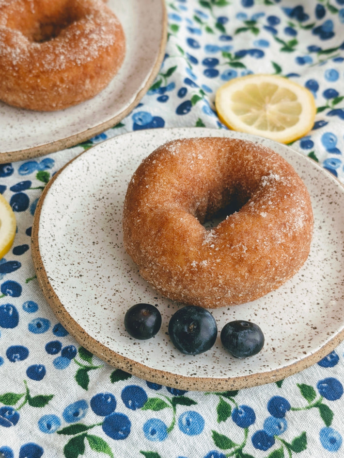 Top down view of a blueberry lemon donut dusted with sugar on a speckled plate with three blueberries and a lemon slice