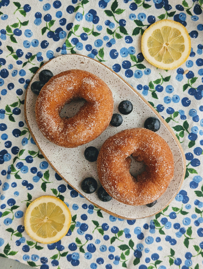 Top view of two sugar-dusted blueberry lemon donuts on a speckled plate with blueberries and lemon slices