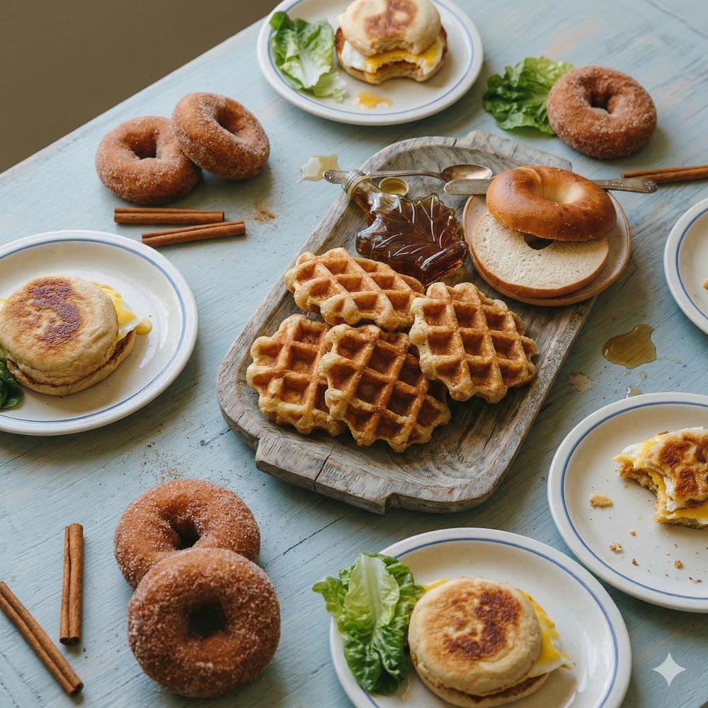 Breakfast spread with waffles, bagels, donuts, and sandwiches on a wooden table.