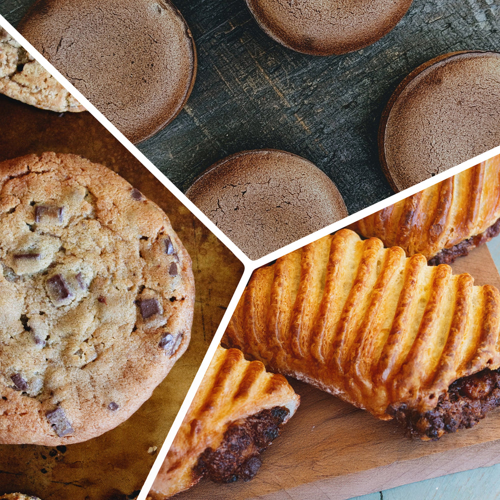 Three-panel collage: chocolate chip cookie, chocolate macarons, and a chocolate-filled puff pastry on a wooden board.