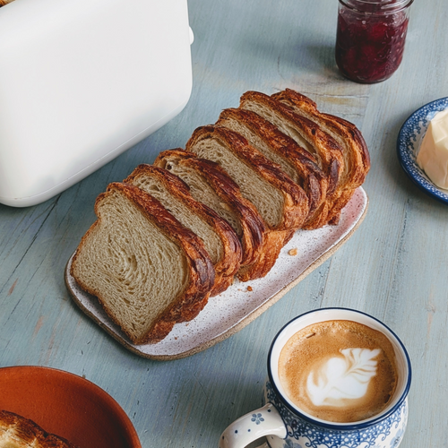 Sliced croissant loaf on a plate with coffee and butter