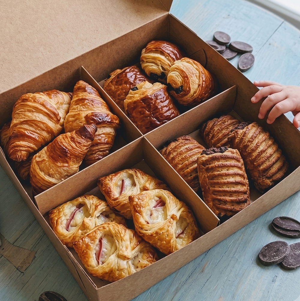 An open brown cardboard box with four compartments filled with assorted baked pastries, including croissants, striped breads, and flaky pastries, set on a light blue wooden table with chocolate cookies scattered around.