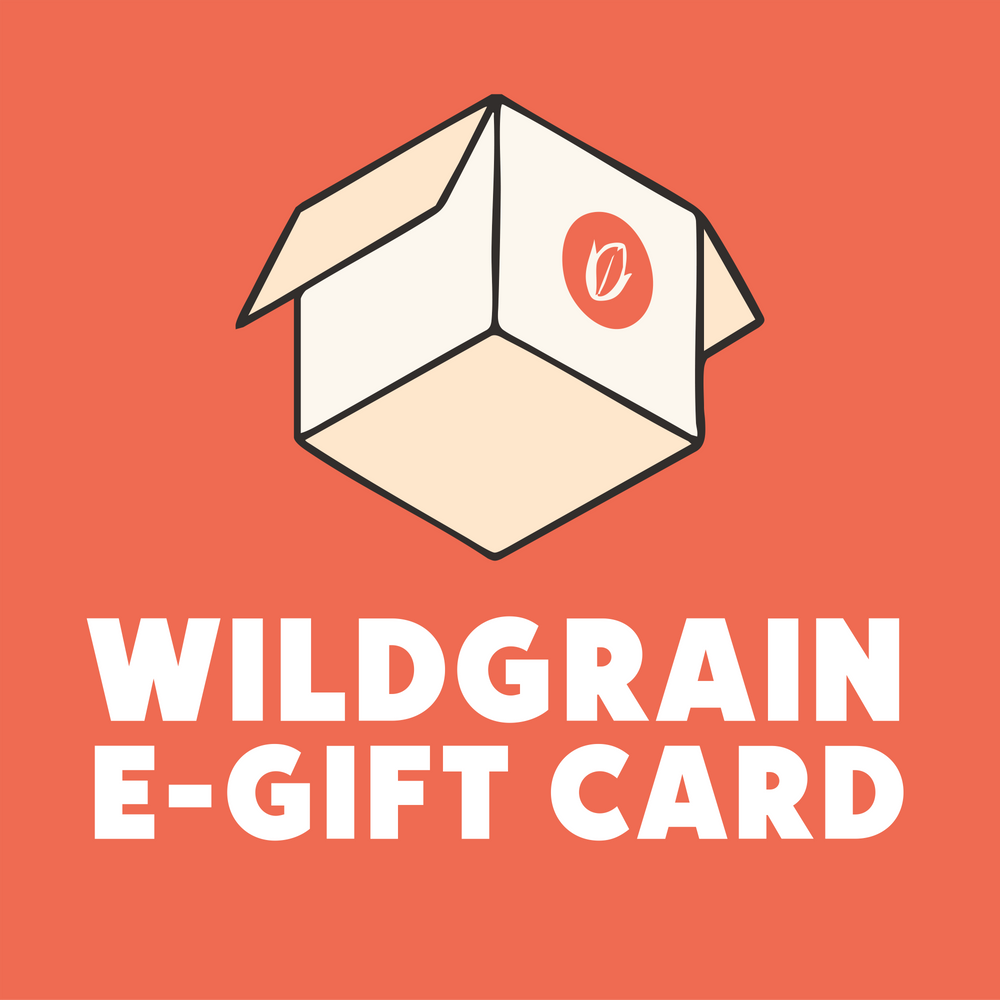 Promotional Wildgrain e-gift card graphic with open box illustration and text WILDGRAIN E-GIFT CARD
