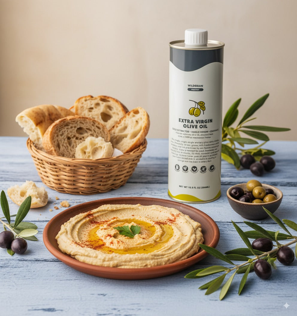 Plate of hummus drizzled with olive oil, bread basket, olives and a can labeled 'EXTRA VIRGIN OLIVE OIL' with olive branches.