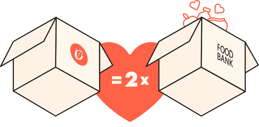 Two illustrated boxes with a heart between them and =2x, right box labeled FOOD BANK