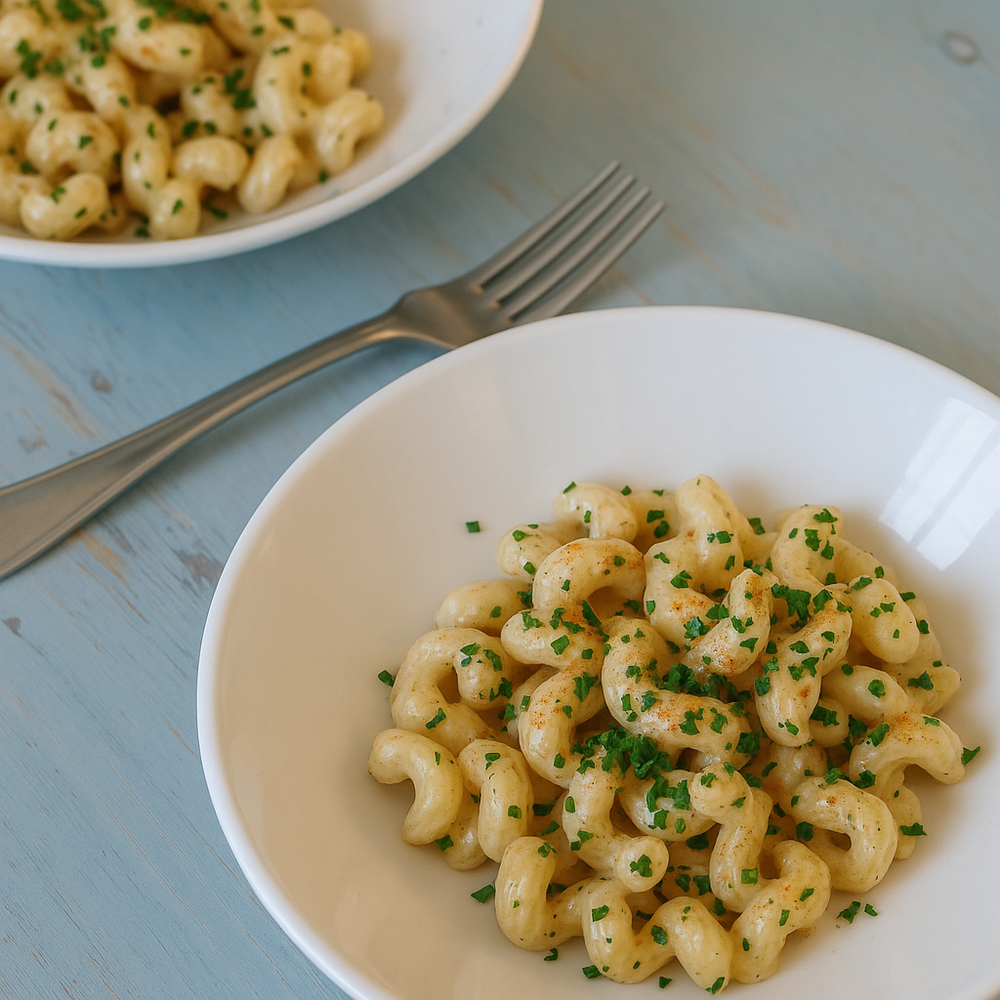 Bowl of cavatappi pasta garnished with herbs