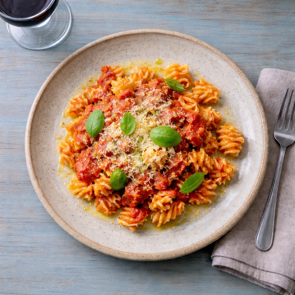 Fusilli pasta with tomato sauce, grated cheese and basil; fork on a napkin at right and a wine glass above.