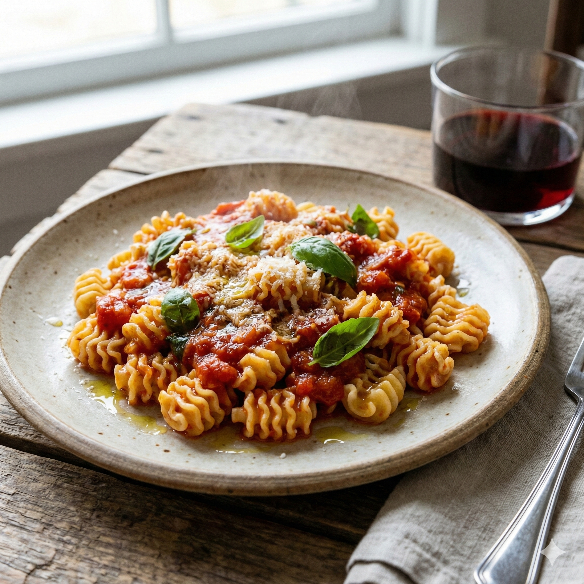 Plate of radiatori pasta with tomato sauce, basil leaves, grated cheese, olive oil drizzle, and glass of red wine.