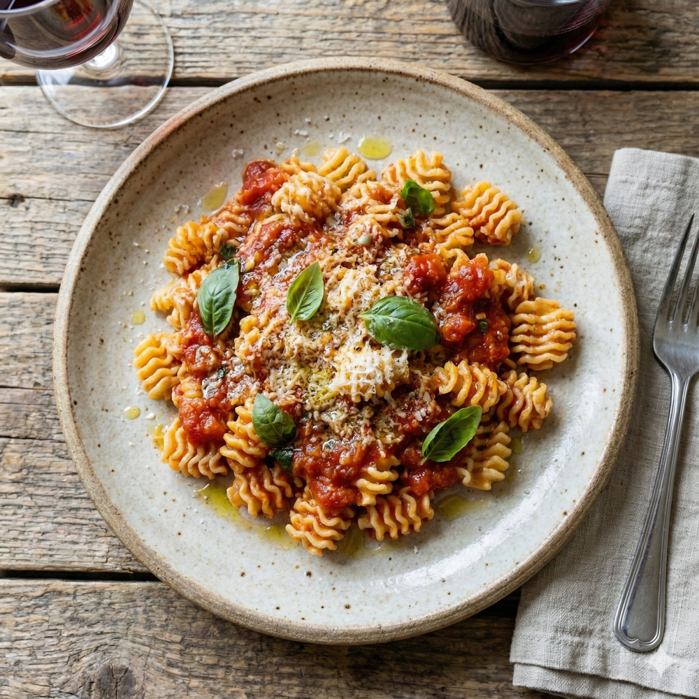 Ridged radiatori pasta with tomato sauce, grated cheese and basil leaves on a ceramic plate beside a fork and napkin.