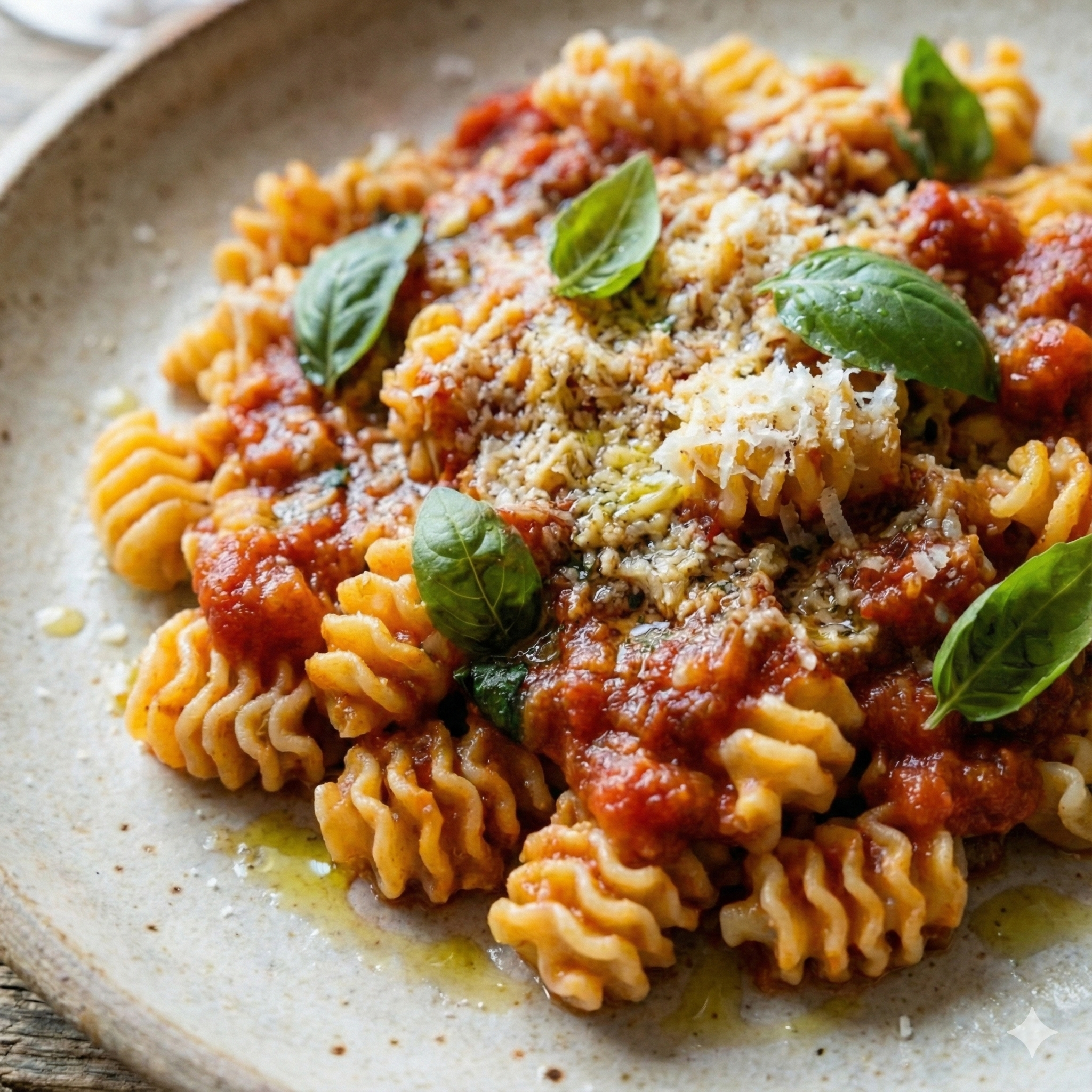 Radiatori pasta with tomato sauce, grated cheese, basil leaves and olive oil on a rustic ceramic plate.