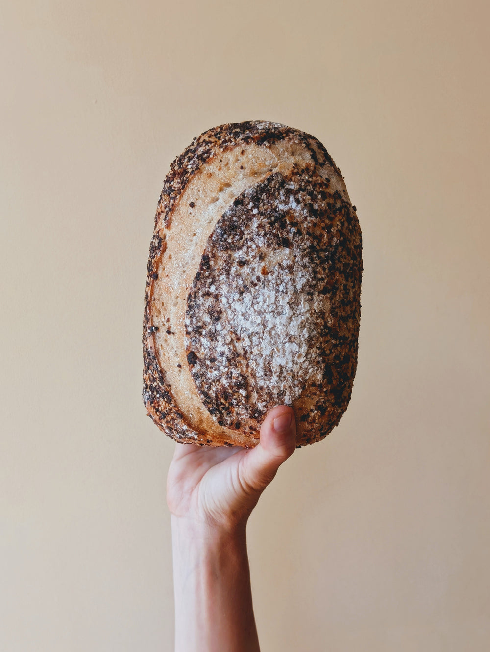 Hand holding a loaf of bread with poppy seeds against a beige background