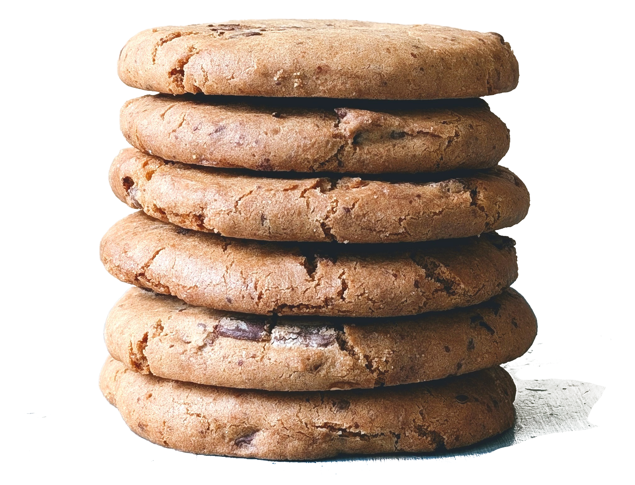 Front of Gluten-Free Giant Chocolate Chunk Cookies (6-pack) stacked with visible chocolate chunks on white background
