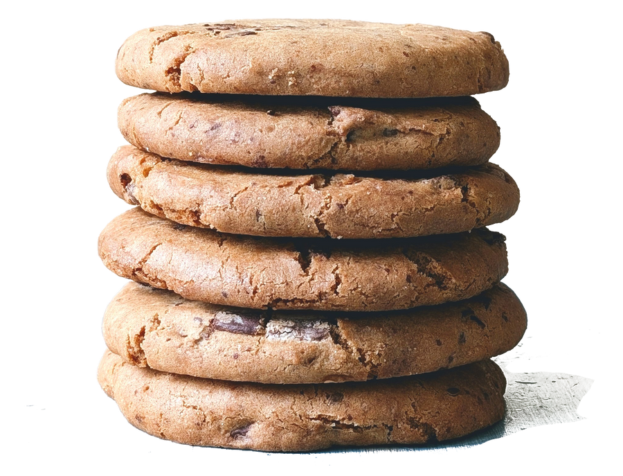 Front of Gluten-Free Giant Chocolate Chunk Cookies (6-pack) stacked with visible chocolate chunks on white background