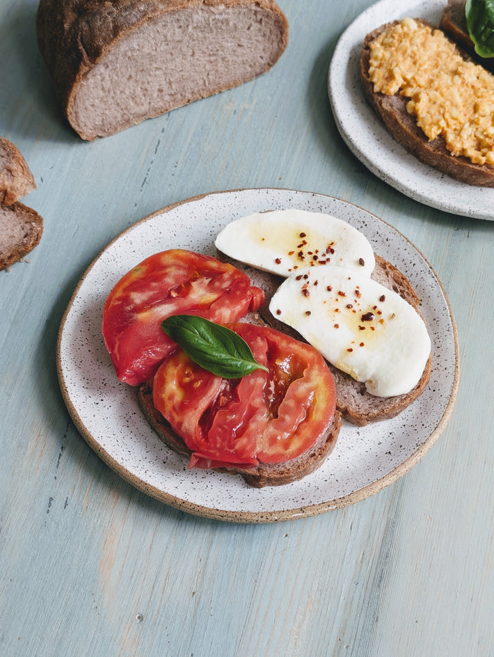A plate of dark bread topped with tomato slices, mozzarella, and basil, with another plate of spread in the background.