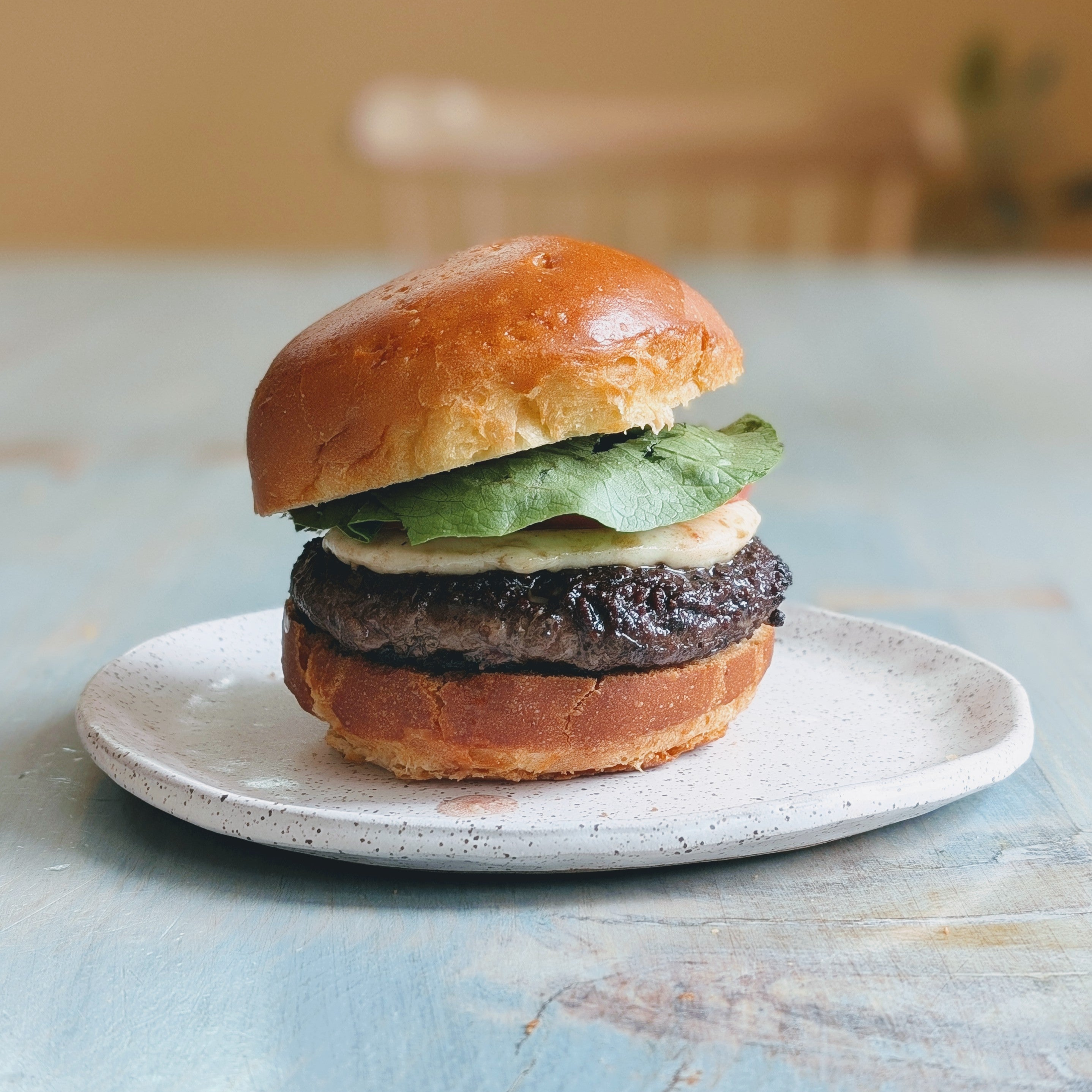 Brioche roll sandwich with beef patty, lettuce and sauce on a speckled white plate