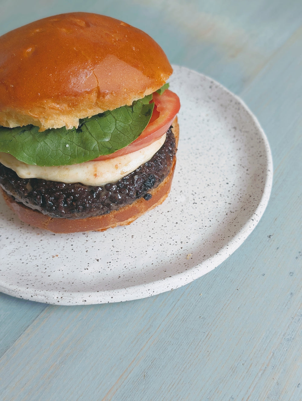 Brioche bun burger with lettuce, tomato, melted cheese and charred beef patty on a speckled white plate