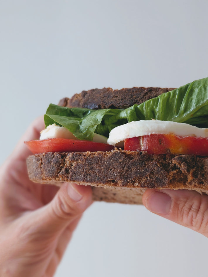 Close-up of hands holding a sandwich with dark bread, lettuce, tomato slices, and white cheese.