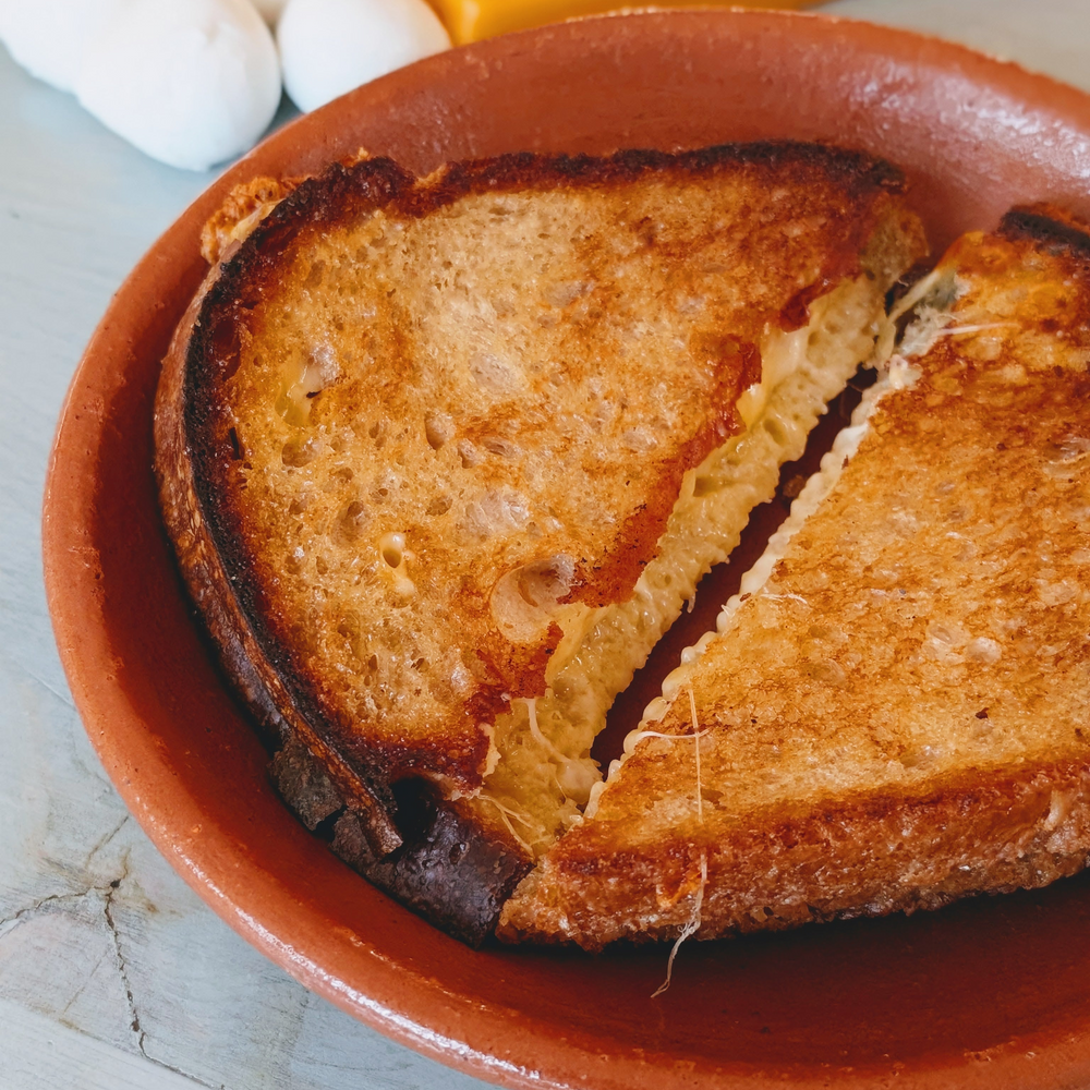 Grilled cheese sandwich halves on a terracotta plate, golden toasted bread with melted, stringy cheese.
