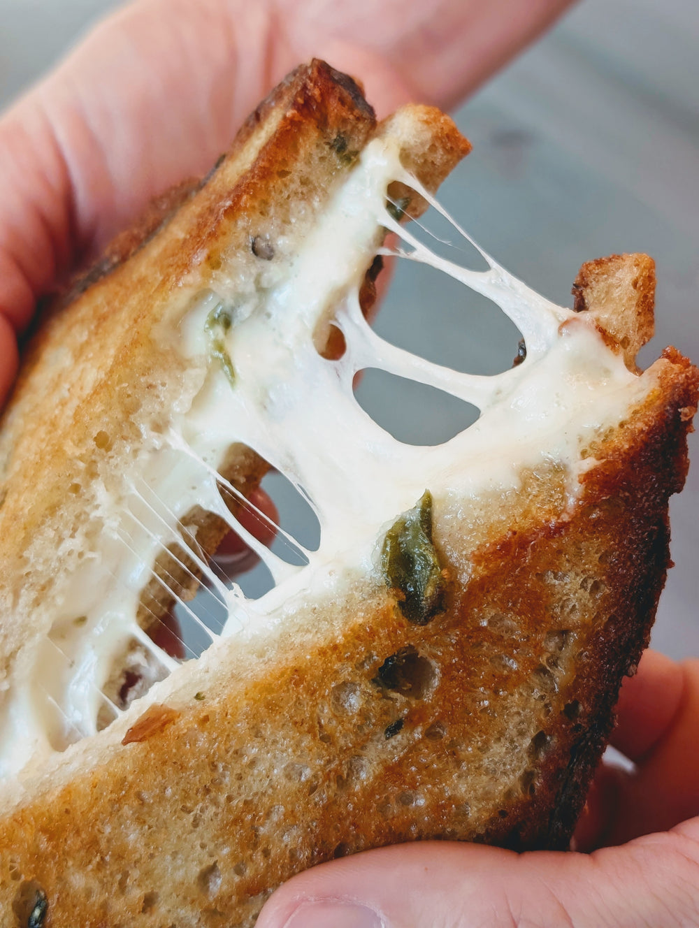 Grilled cheese sandwich torn open showing melted stretchy cheese between toasted seeded bread, hand holding sandwich