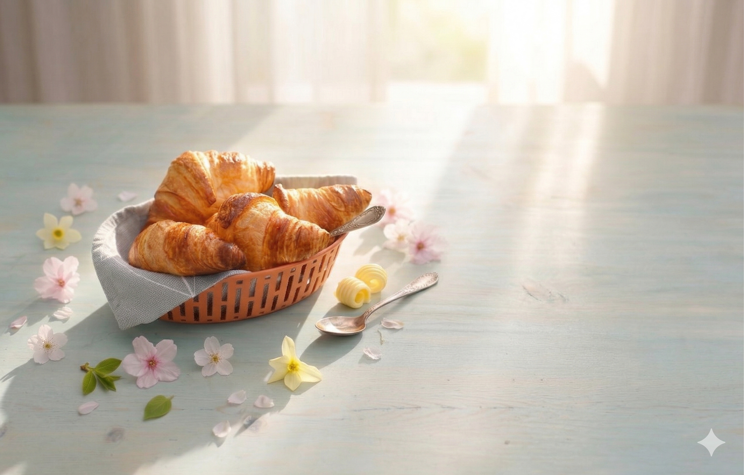 Basket of croissants on a table with flowers and a spoon