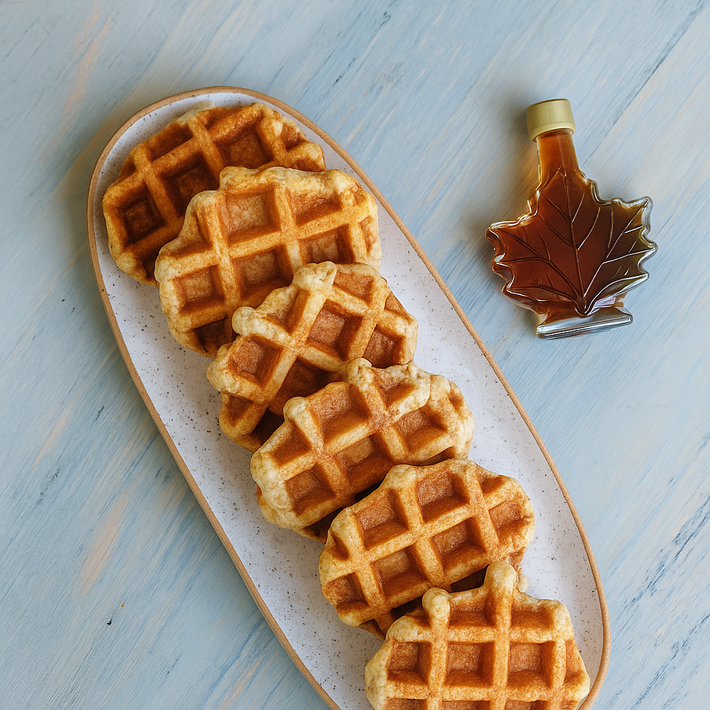 Six golden mini waffles arranged on an oval plate beside a maple-leaf syrup bottle on pale blue wood.