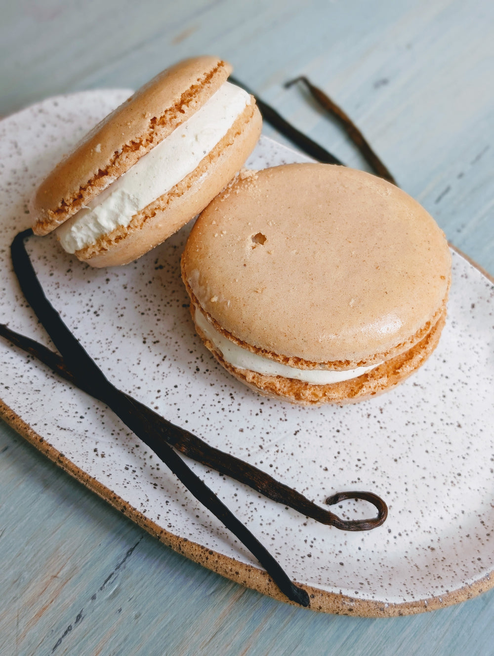 Two vanilla macarons on a speckled ceramic plate with two vanilla beans