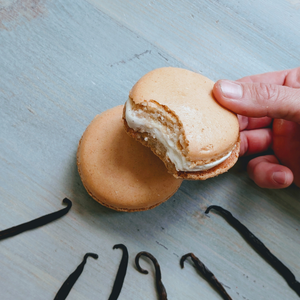 Two vanilla macarons on pale blue wood; one bitten and held by a hand, creamy filling visible; vanilla beans arranged below.