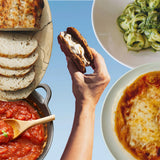 Hand holding chocolate-chip cookie sandwich above sliced sourdough, marinara, cheese tortellini, and cheese pizza on blue