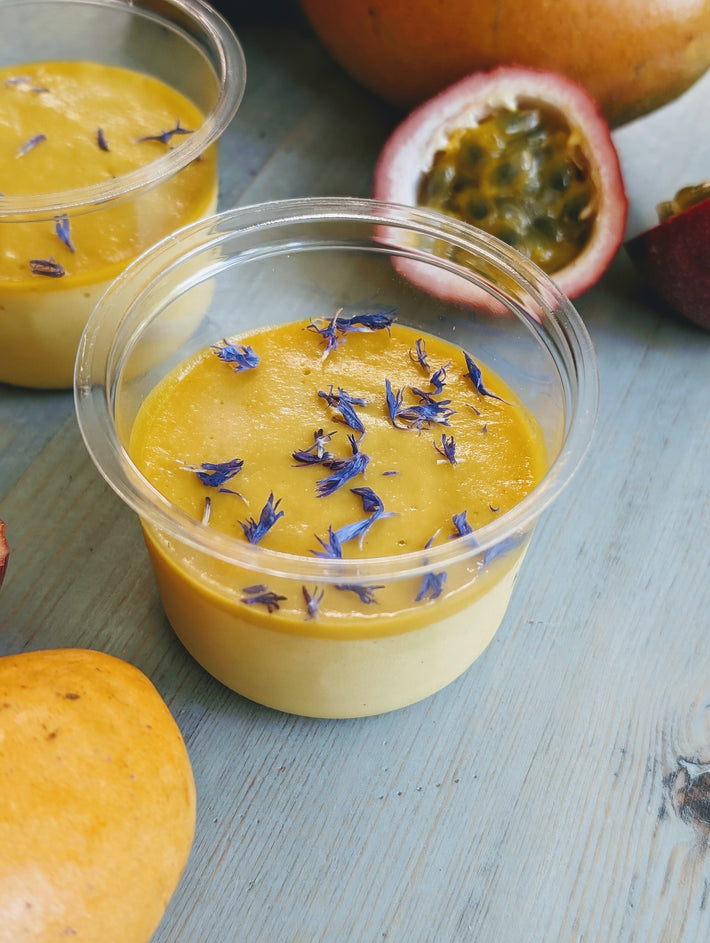 Mango & Passion Fruit Mousse topped with cornflower petals