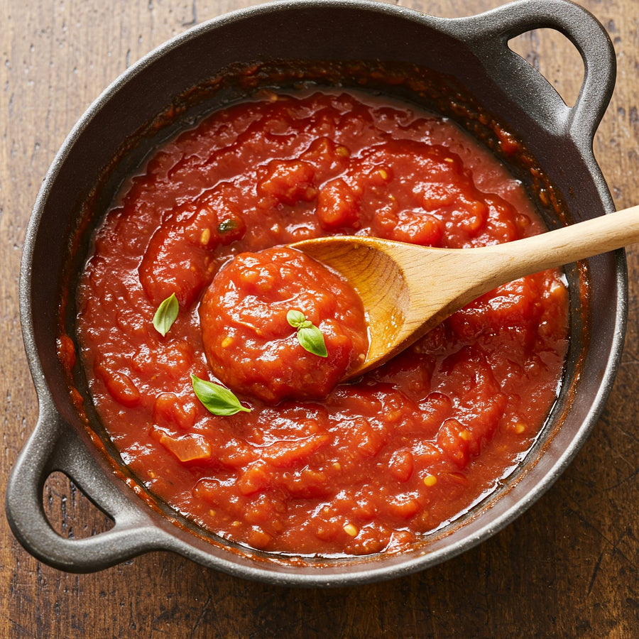 Top-down of Classic Marinara Sauce showing chunky tomato texture, wooden spoon, and basil on wood