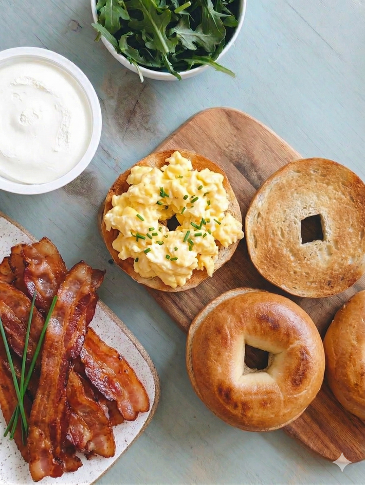 Bagels with egg salad, bacon, and arugula on a wooden board.
