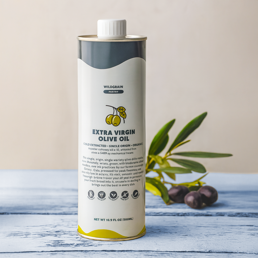 WILDGRAIN PANTRY EXTRA VIRGIN OLIVE OIL, COLD EXTRACTED SINGLE ORIGIN ORGANIC; NET WT 16.9 FL OZ (500ML) — on table with olives