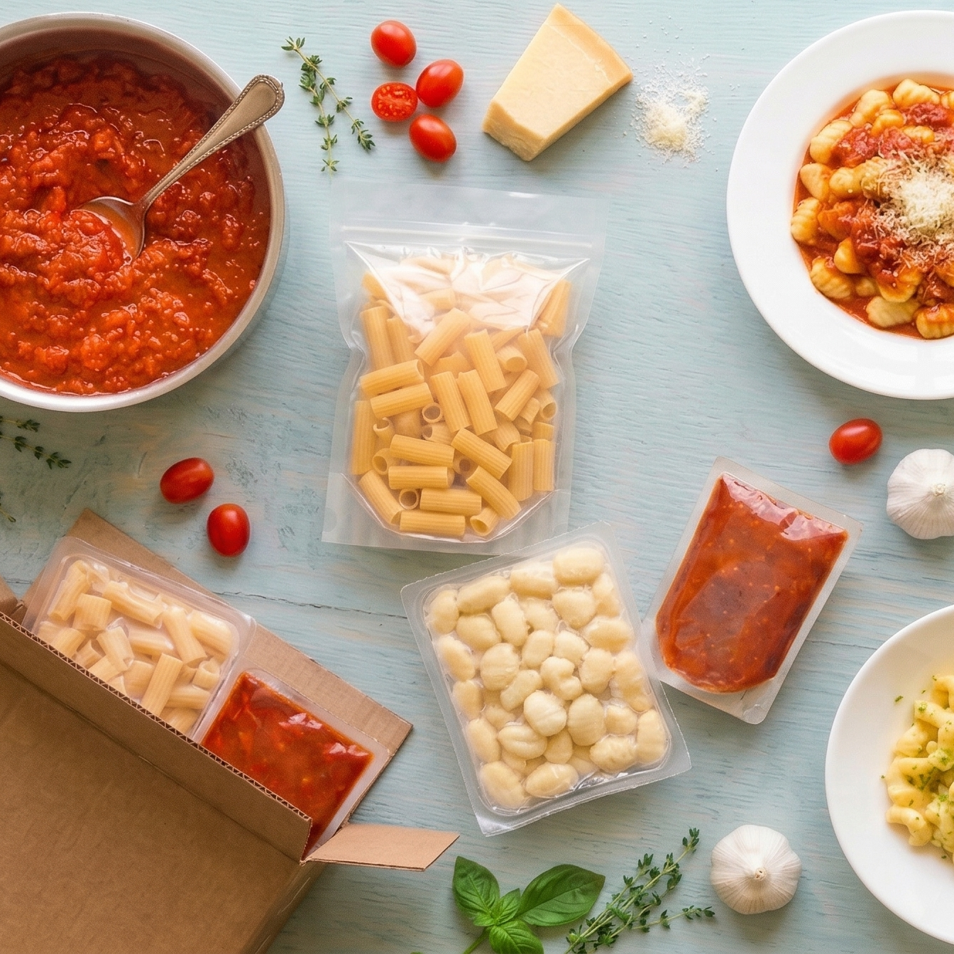 Overhead view of Wildgrain pasta box showing sealed pasta and sauce pouches with an open box on a blue wooden table