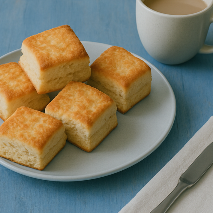 Plate of square biscuits with a cup of tea on a blue surface