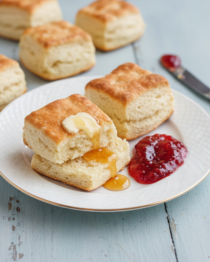 Split buttermilk biscuits on a white plate with melting butter and honey, plus a dollop of red jam; extra biscuits blurred.
