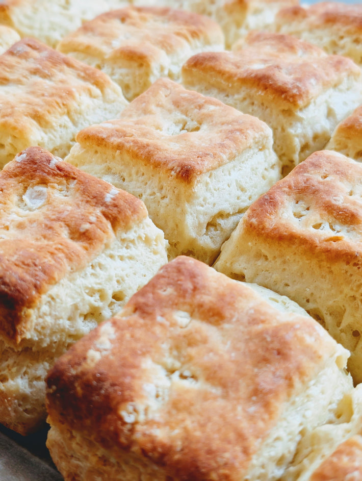 Freshly baked golden-brown buttermilk biscuits packed in a baking pan, close-up showing flaky layers and airy texture.