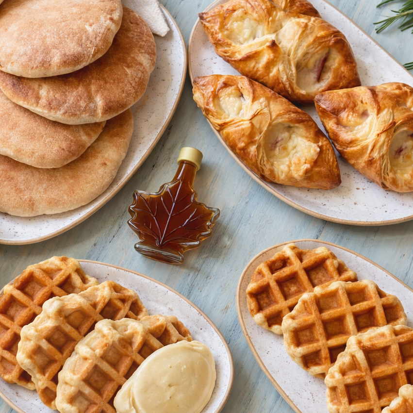 Assorted pastries including waffles, croissants, and pita bread on a light blue wooden surface.