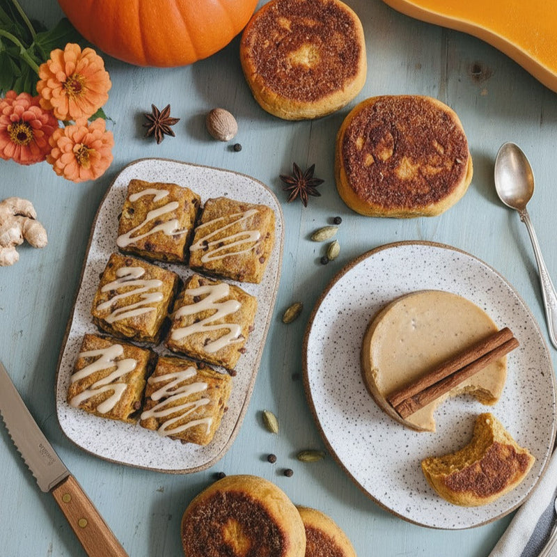Assorted pumpkin pastries and spiced pancakes on plates, glazed squares, round cakes, cinnamon stick and pumpkin seeds.