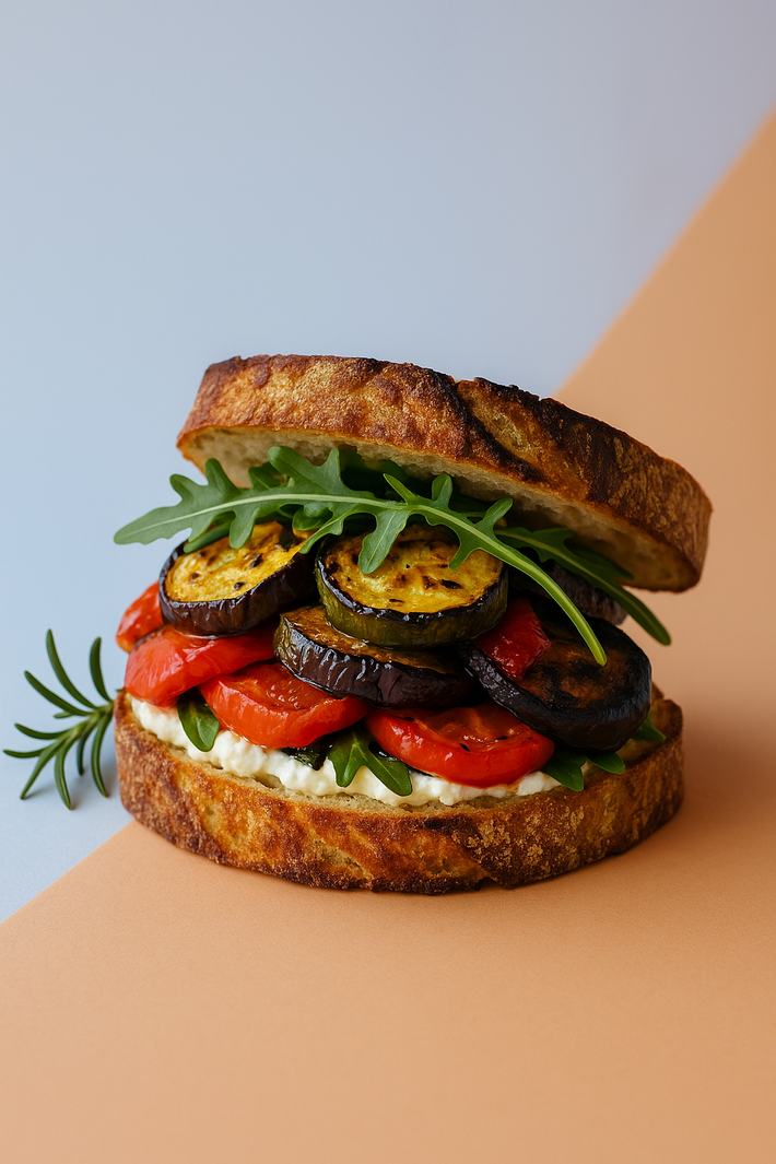 Sandwich of grilled eggplant, zucchini, roasted red peppers, arugula and white cheese on toasted crusty bread.