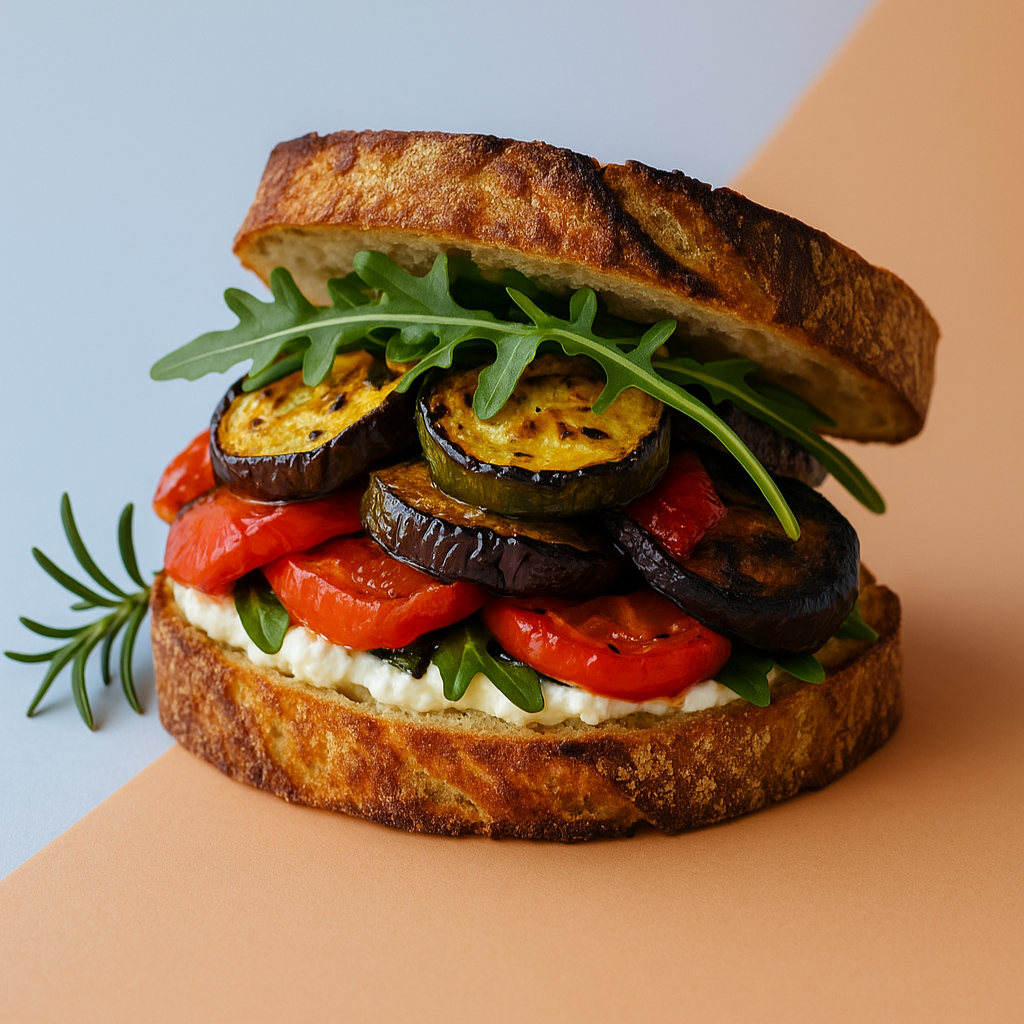 Toasted sourdough sandwich layered with grilled eggplant, zucchini, roasted red pepper, arugula and creamy ricotta.