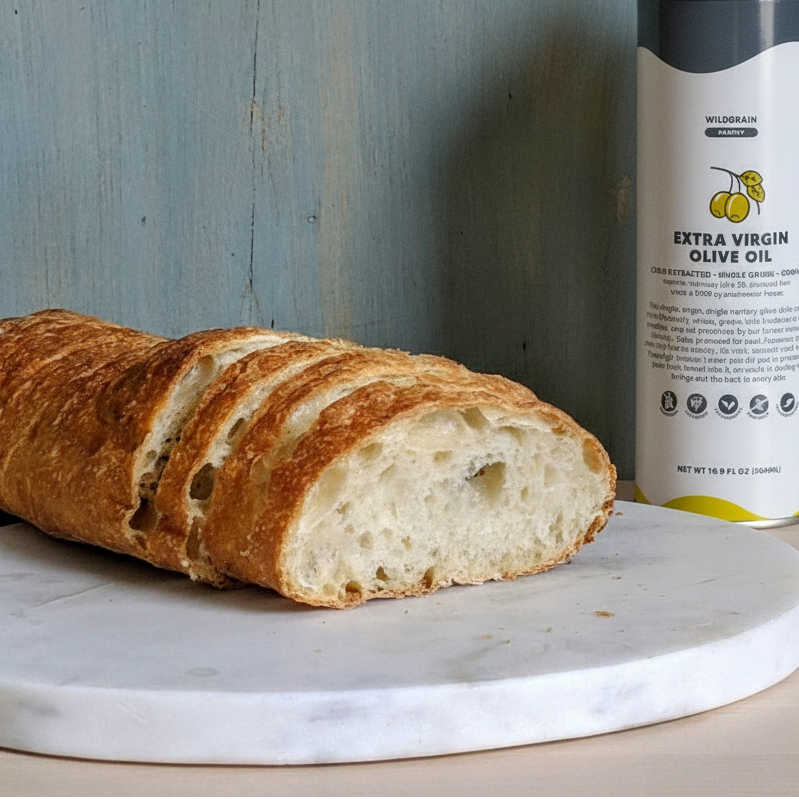 Loaf of bread on a marble board with a can of extra virgin olive oil against a wooden background
