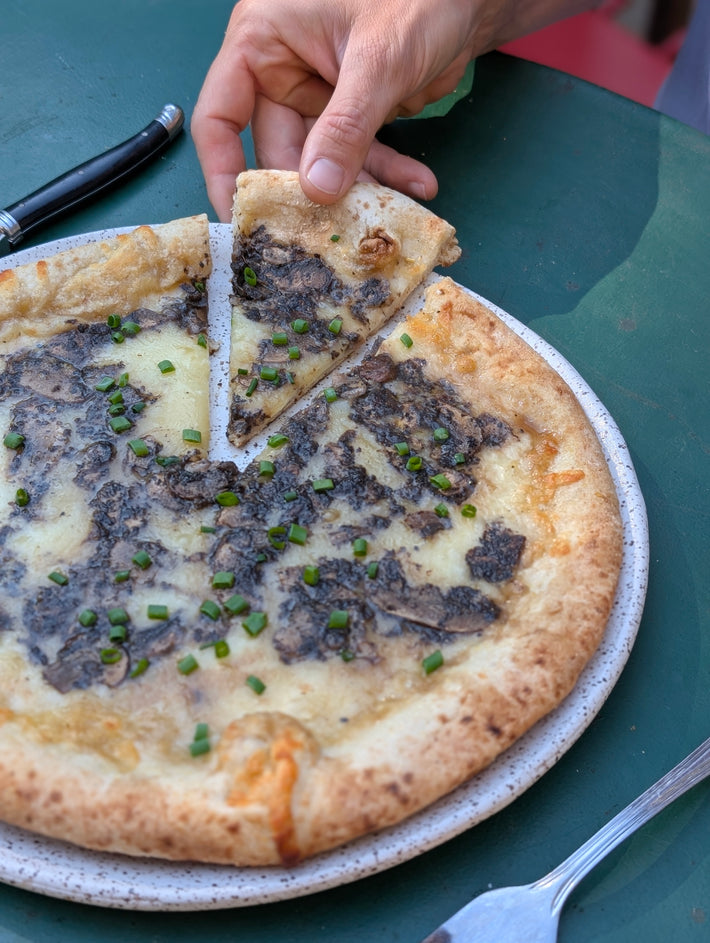 Hand lifting a slice of truffle-topped white pizza sprinkled with chopped chives on a speckled plate.