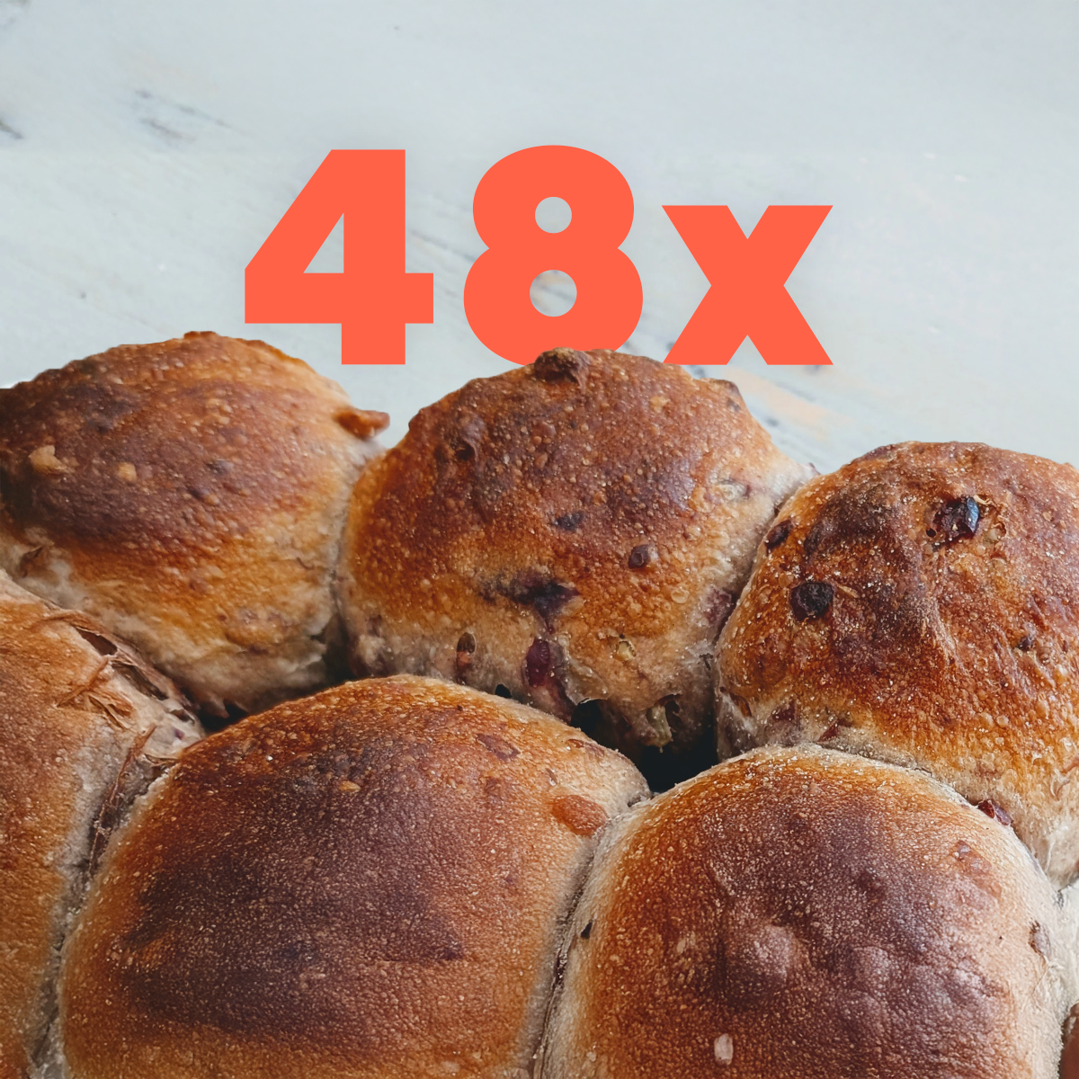 Six browned rolls close-up with orange overlay reading 48x