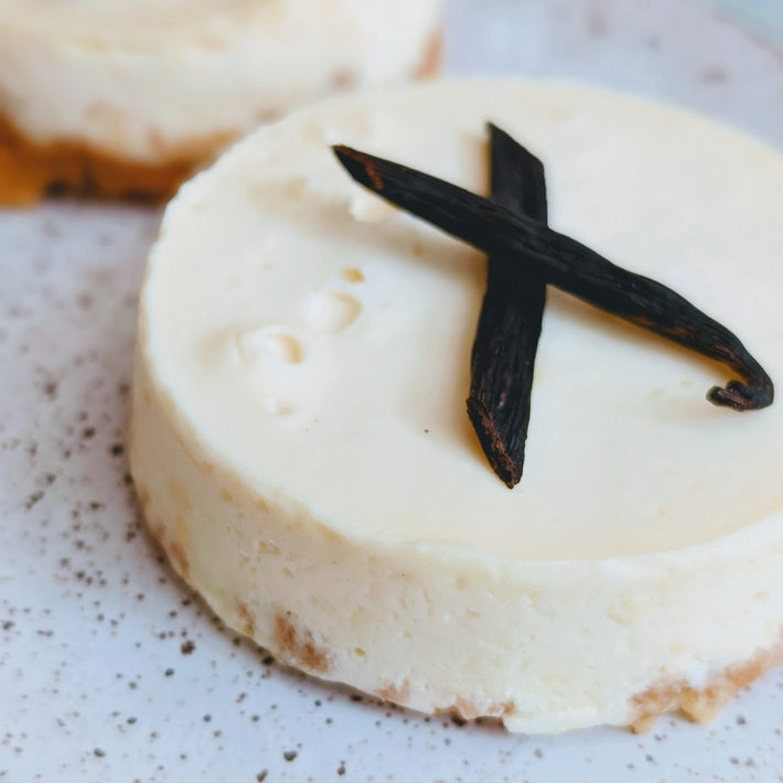 Small vanilla cheesecake with a vanilla bean on top